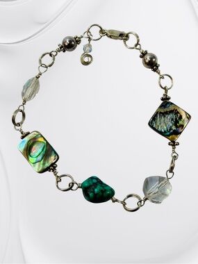 Sterling Silver 925 Turquoise Abalone Mother Of Pearl Clear Crystal Bracelet 7”